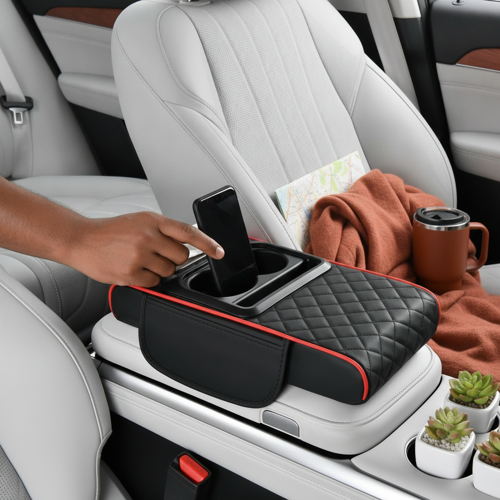A man's hand reaches for a smartphone securely held in a Car Armrest Organizer in a clean car interior.